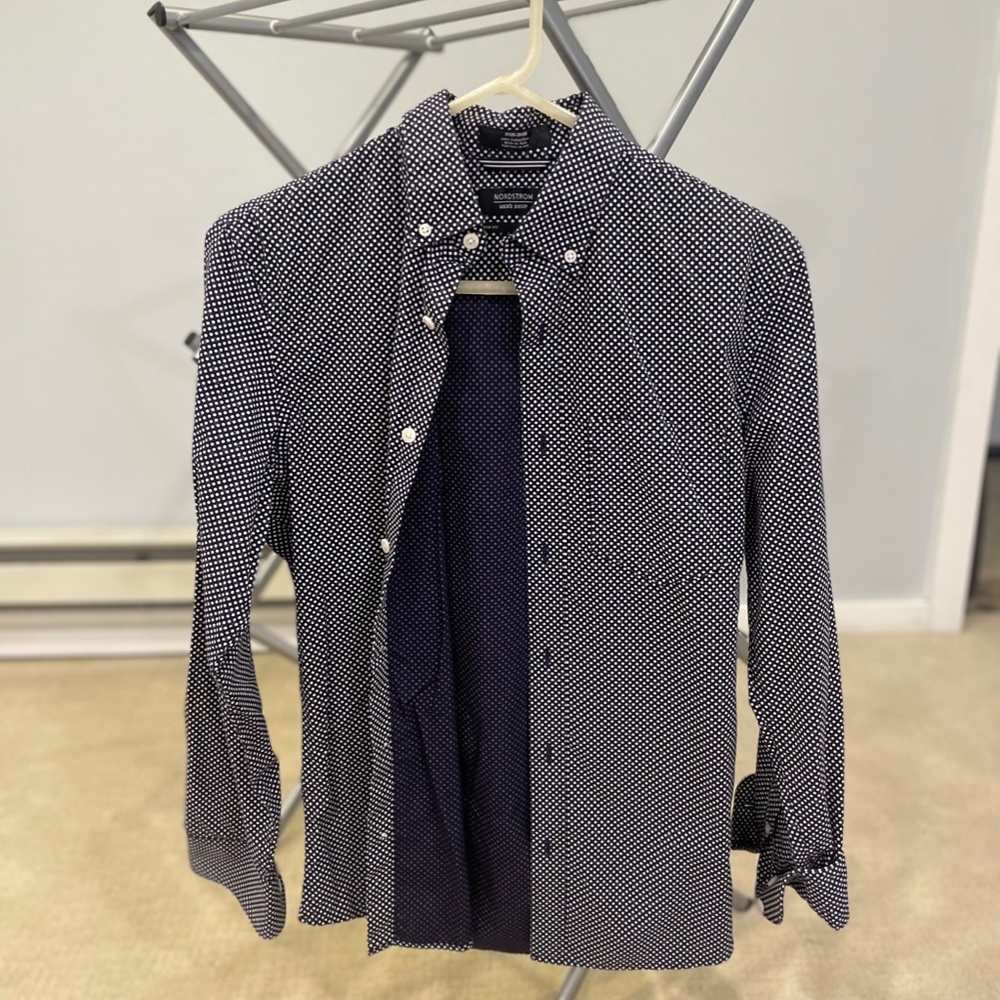 Small Navy Nordstrom Dress Shirt With White Dots and Blue Florals